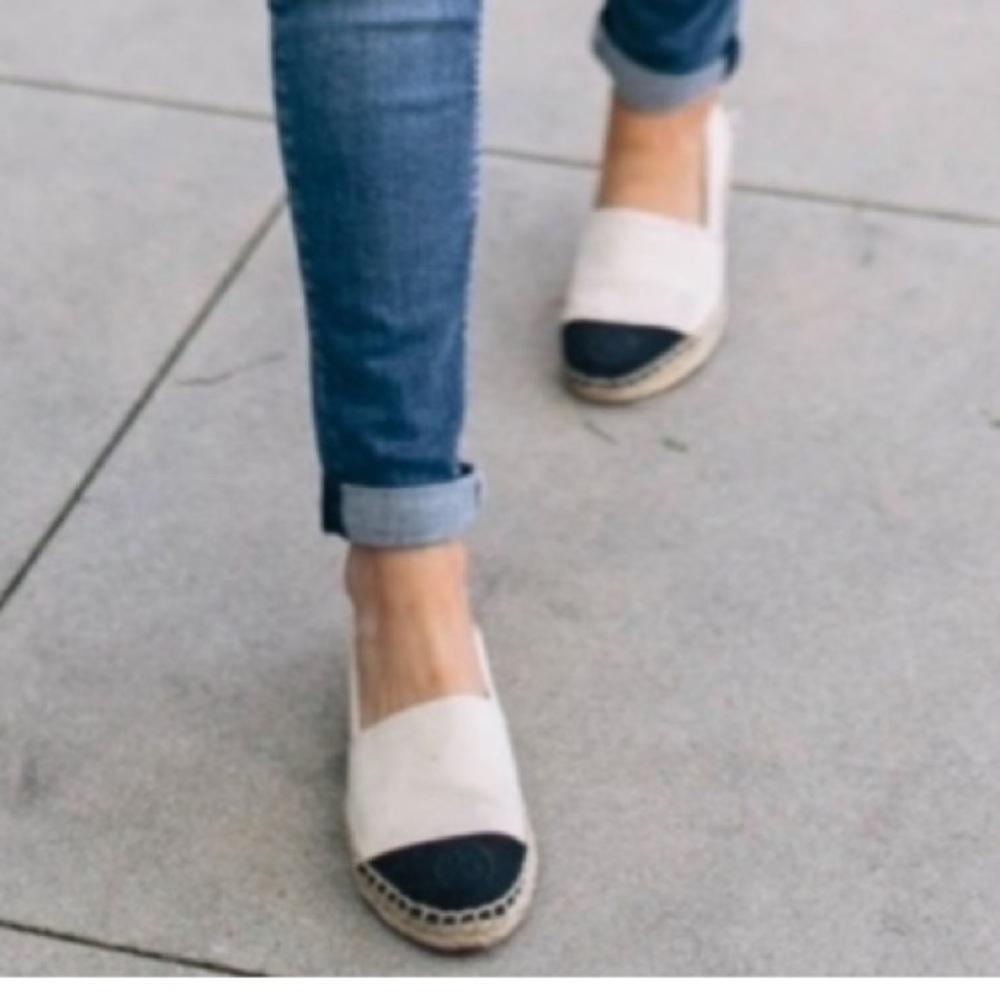Like new Tory Burch White and Black Cap Toe Colorblock Espadrilles Flats